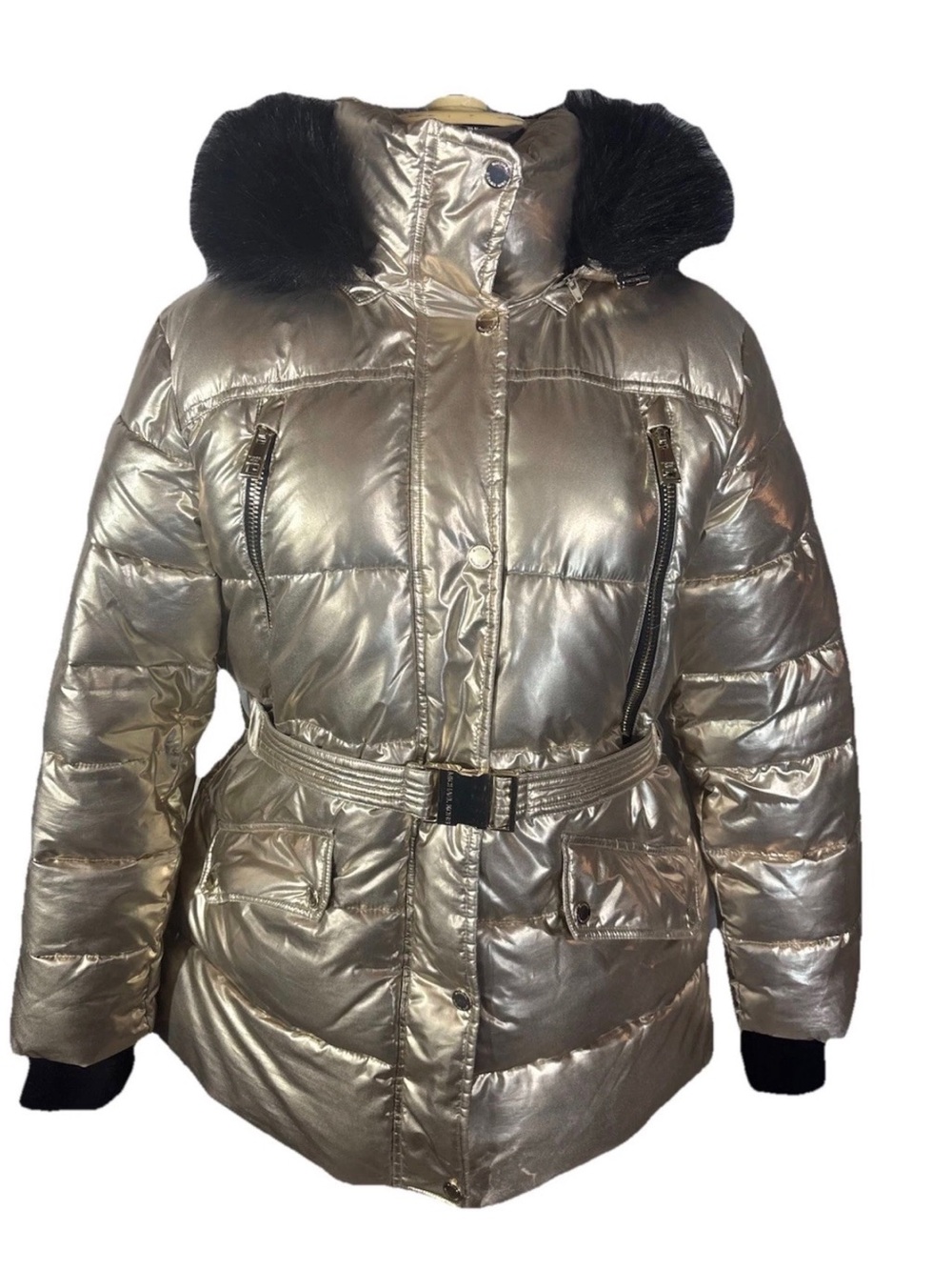 Michael Kors Metallic Gold Puffer Coat Faux Fur Hood Belted Jacket Women’s XL